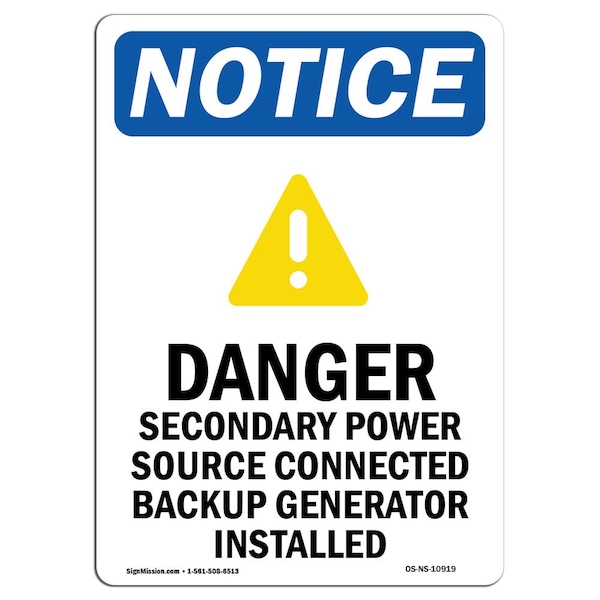 Safety Sign, OSHA Notice, 5" Height, Danger Secondary Power Sign With Symbol, Portrait, 10PK